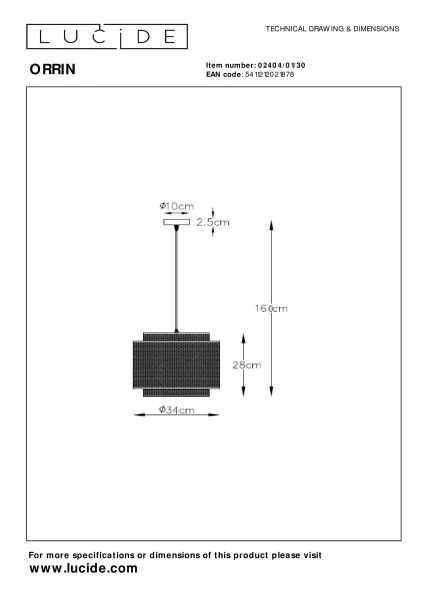 Lucide ORRIN - Hanglamp - Ø 34 cm - 1xE27 - Zwart - technisch